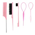 5-piece pink hair styling tool set with tail comb, edge brush and hair loop tools - Styling Tool Combination (Rat Tail Comb Vent Brush Edge Brush Hair Loop) / Pink