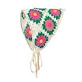 Handgemaakte gehaakte driehoekige hoofddoek met roze madeliefjes en groene bladeren - Beige Rood Roze Bloem Bandana