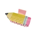 Détail d'une pince à cheveux en forme de crayon jaune brillant avec un bout gomme rose - Crayon à Rayures Jaunes