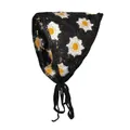 Franse stijl zwarte gebreide hoofddoek met wit madeliefjespatroon en strikbanden - Zwart Wit Geel Madeliefje Bandana