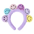 Nahaufnahme des farbenfrohen Plüsch-Haarreifs mit sechs bestickten Smiley-Pompons - 7# Violett Smiley Stirnband