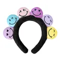 Detailansicht eines bunten Plüschstirnbands mit verschiedenen gestickten Smileys - 8# Schwarz Smiley Stirnband
