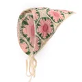 Handgemaakte gehaakte hoofddoek in beige met roze bloemmotieven en strikbandjes - Beige Roze Grote Bloem Bandana