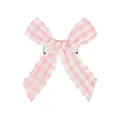 Détail de la barrette nœud à carreaux rose et blanc avec bords ondulés et pince argentée - Carreaux Rose