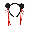 Cute black plush bear ear headband with long red silk ribbons for cosplay hair accessory - Black