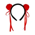 Nezha style headband with red plush pompoms and long silk ribbons on black base - Red