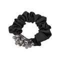 Detail of black satin scrunchie featuring faceted gray crystal beads and rich texture - 2# Crystal Satin Scrunchie