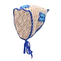 Gehaakte baby hoofddoek in beige met blauwe schulprand en vlinder applicaties - Beige Blauwe Vlinder Bandana