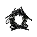 Beaded hair tie with black faux leather bows and faceted grey crystal beads - Rhinestone Bow Hair Tie Style C