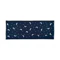 Detail of navy blue knitted headband featuring metallic silver crescent moon and star patterns - Crescent Moon Navy Blue Striped Style