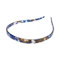 Detail view of a narrow tortoise shell headband with blue and amber acetate patterns - Blue Amber Pattern