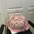 Pink corduroy strawberry print crossbody bag with adjustable strap and large capacity - Pink