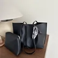 Retro black faux leather tote bag set with decorative scarf and matching pouch - Black