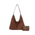 Dunkelbraunes minimalistisches Wildleder-Tote-Bag-Set mit passendem Mini-Beutel auf Weiß - Braun