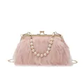 Chic pink faux fur clutch featuring a pearl handle and gold chain shoulder strap - Pink