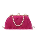 Fuchsia plush crossbody bag with pearl handle and golden chain strap for women - Rose Red