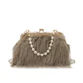 Borsa in peluche marrone con manico di perle e chiusura in metallo vintage - Kaki