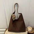 Minimalist large dark brown suede tote bag with a cute teddy bear charm - Coffee With Charms