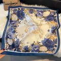 Elegant 70cm square silk scarf with vintage blue floral patterns and navy borders - LQ-15