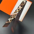 Elegant silk twilly scarf with bamboo pattern on premium orange gift box background - Brown Beige Bamboo Weave Style (PD2610—3)