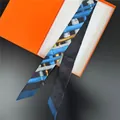 Luxurious geometric pattern silk twilly scarf for women with orange gift box - Blue Gold Geometric Style (PD2610—2)