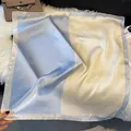 Detailed view of the smooth silk-like texture and blue-yellow stitching on the scarf - LQ-13