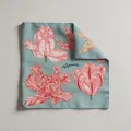 Detailed close-up of blue twill silk scarf with pink tulip embroidery and Tulipomanie text - Grey Blue Style (FJ2602—3)
