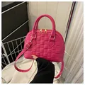 Rose pink shell bag with quilted checkered pattern and gold hardware handles - Rose Red