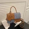 Brown leather and grey fabric patchwork shoulder bag with top handle and strap - Brown