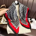 Silk-like satin square scarf featuring black and white geometric fan patterns and red borders - 90x90cm / Black White Fan Pattern Red Edge (SJ2611-2)