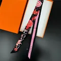 Floral print silk skinny scarf with LOVE lettering and premium orange gift box - Red Floral (2#)