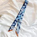 Blue floral silk twilly scarf for women with orange borders on white satin background - Blue Daisy Print (1#)