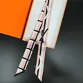 Pink narrow silk scarf with bow pattern and orange gift box for hair or bags - Pink Bow Style (2#)