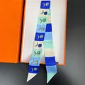 Blue and green striped satin twilly scarf with pineapple prints in a gift box - Long Ribbon / Pineapple Color Block (C310-2)