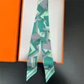 Green and white geometric faux silk skinny scarf in an orange gift box with wash label - Long Ribbon / Green Gray Lines (C310-4)