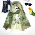 Elegant green gradient silk wool scarf featuring exquisite floral leaf embroidery patterns - 180x90cm / Color 10