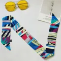Silk-like satin skinny scarf with geometric letter print in royal blue and magenta - Blue