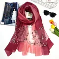 Elegant silk wool blend scarf with floral embroidery in burgundy pink gradient - 180x90cm / Color 9