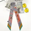 Red and blue geometric silk scarf featuring horse chain pattern and pointed ends - Chain Orange