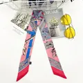 Silk twilly scarf with red and blue stripes featuring a golden equestrian buckle print - Chain Pink