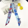 Light blue silk feeling twilly scarf with leopard and tropical prints for handbags - Leopard Blue