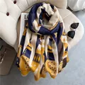 Thick winter scarf with poker pattern and tassels in navy, yellow, and cream white - 180x65cm / Blue