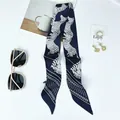 Detail of navy blue satin skinny scarf with zebra print and paisley pattern textures - 100x6cm / Navy Blue