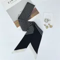 Chic black and white diagonal striped narrow silk scarf for women's neck or hair styling - Black