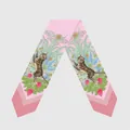 Detail of pink silk twilly scarf with tiger and tropical floral illustration print - Pink