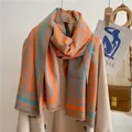 Detailed texture of thick star pattern scarf with fringes and orange-grey color block - Lake Blue Orange