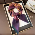 Elegant purple silk square scarf with yellow floral pattern tied in a bow accessory - LQ-18