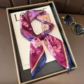 Deep purple floral square silk scarf with navy blue borders tied in a stylish knot - LQ-17