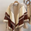 Thick beige striped cashmere shawl for women featuring elegant tassels for winter warmth - Coffee