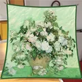 Artistic Van Gogh Roses silk scarf with floral oil painting design and green border - White Rose Pendant / 90x90cm